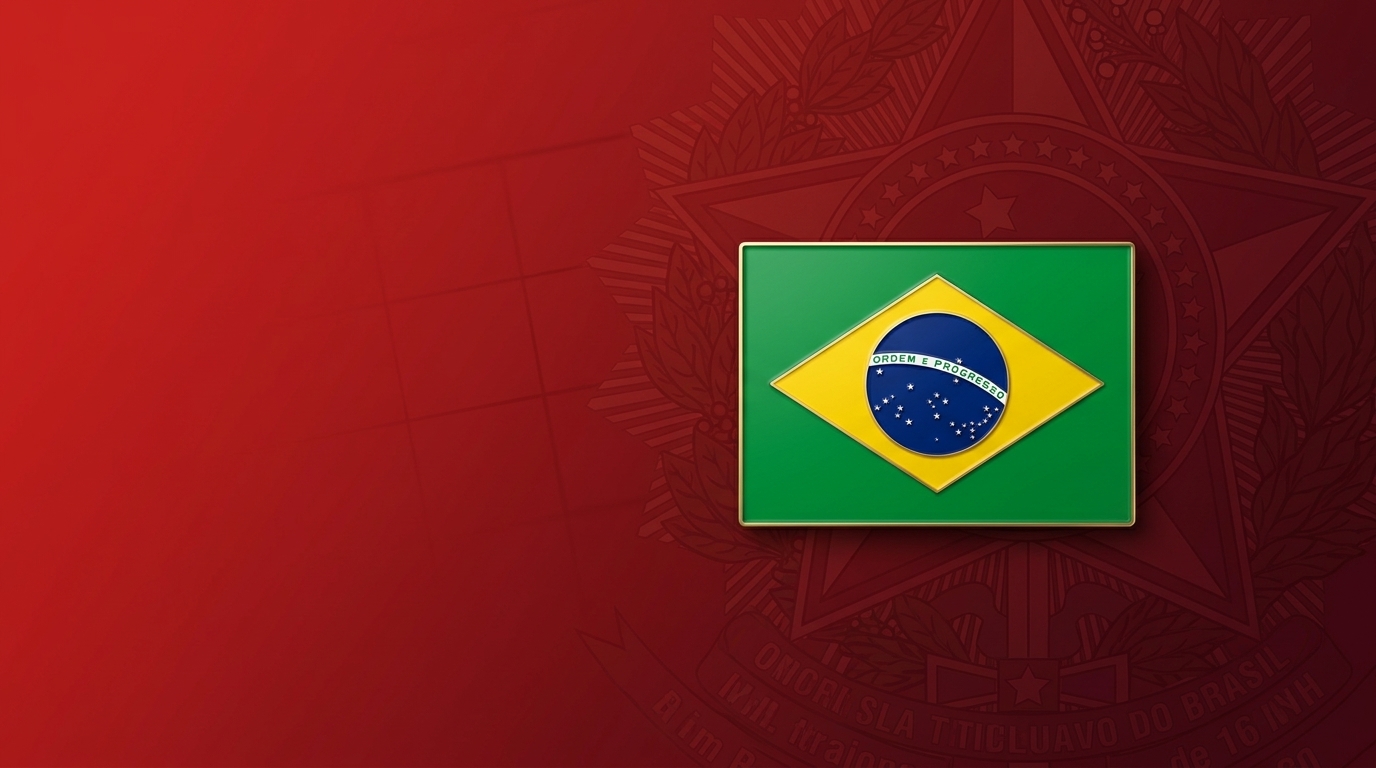 Bandeira do Brasil como emblema sobre fundo vermelho-vinho