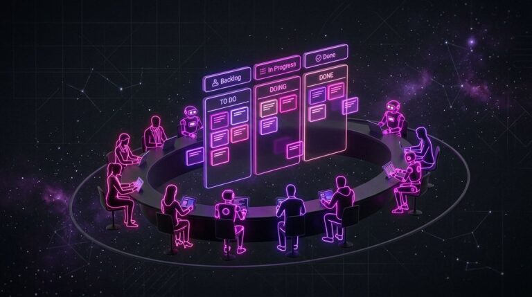Avatares humanos e robos ao redor de um board kanban representando agentes externos no Notion 3.6