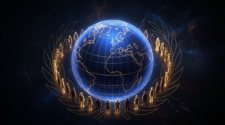 Globo terrestre azul emoldurado por ramos dourados e silhuetas humanas representando a comissao global de IA da ONU