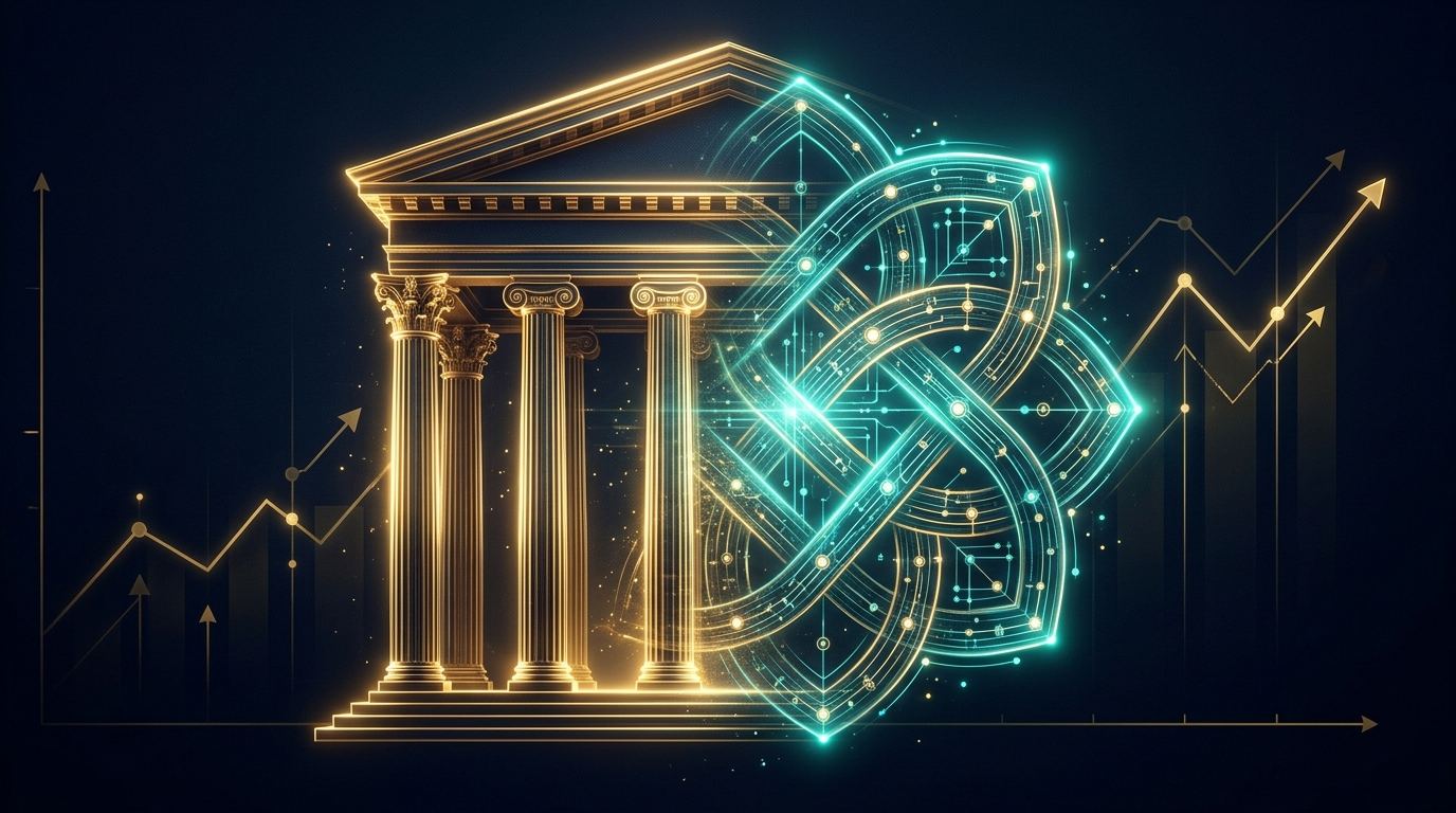 Predio governamental dourado se fundindo a um simbolo de IA em teal representando a proposta de participacao do governo dos EUA na OpenAI