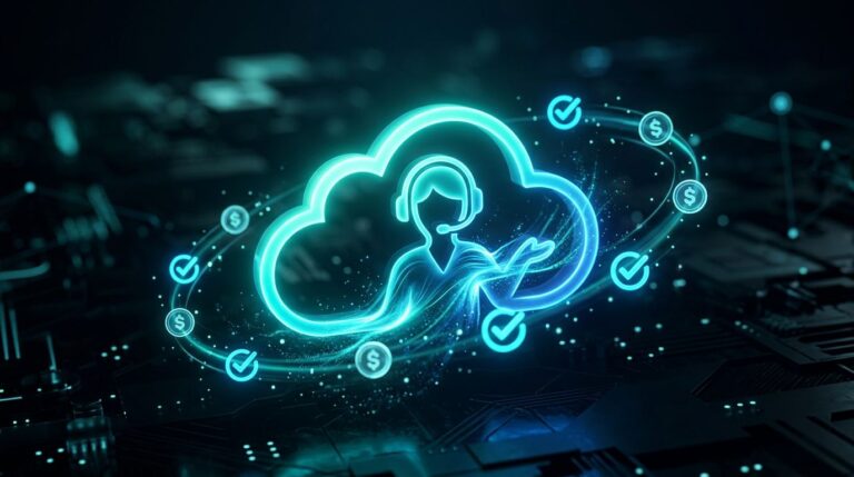 Icone de nuvem com atendente e selos de aprovacao representando o Agentforce Help Agent da Salesforce