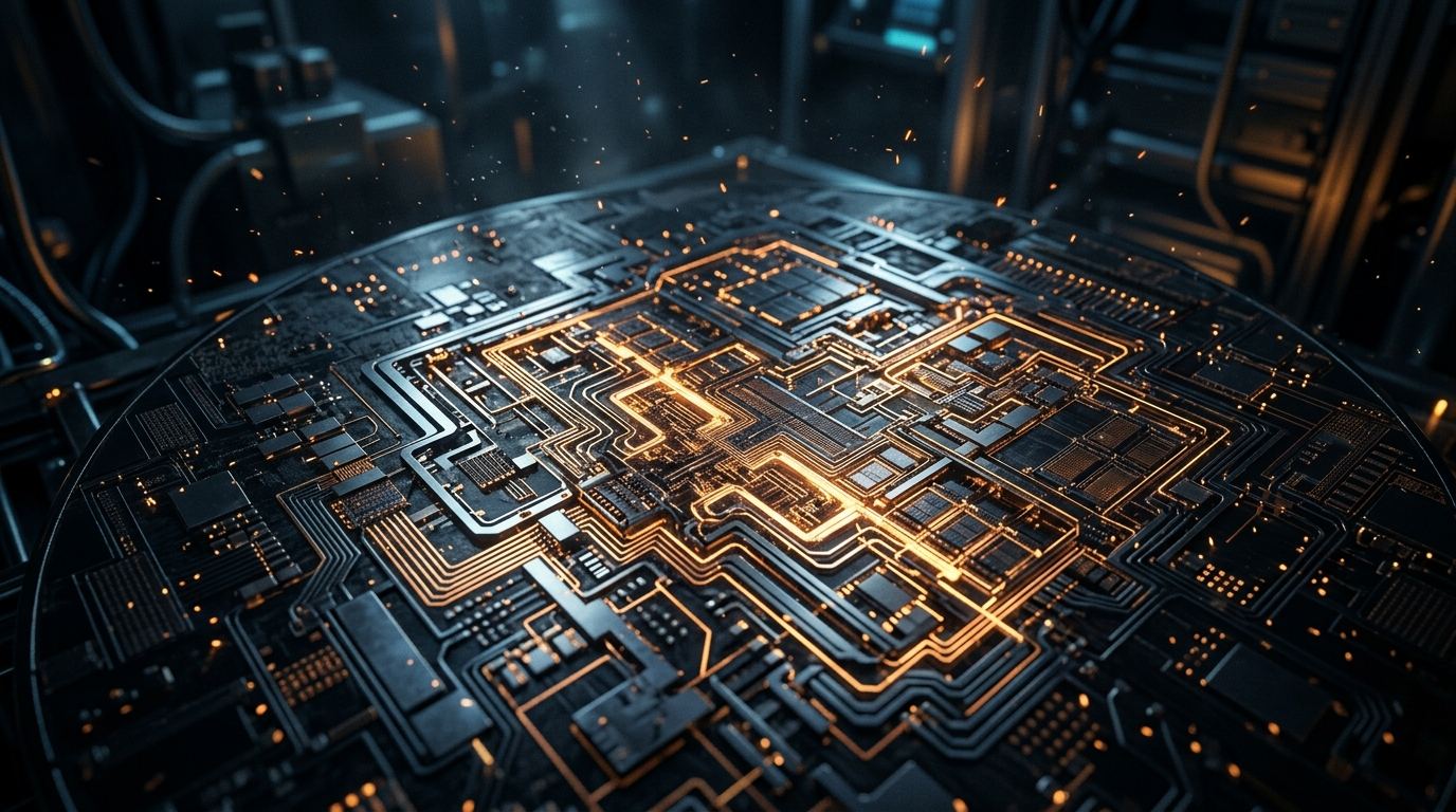 Wafer de silicio com circuitos em brilho ambar representando a expansao da TSMC no Arizona