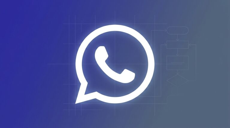 Logo do WhatsApp sobre fundo gradiente índigo-slate com textura de fluxo técnico