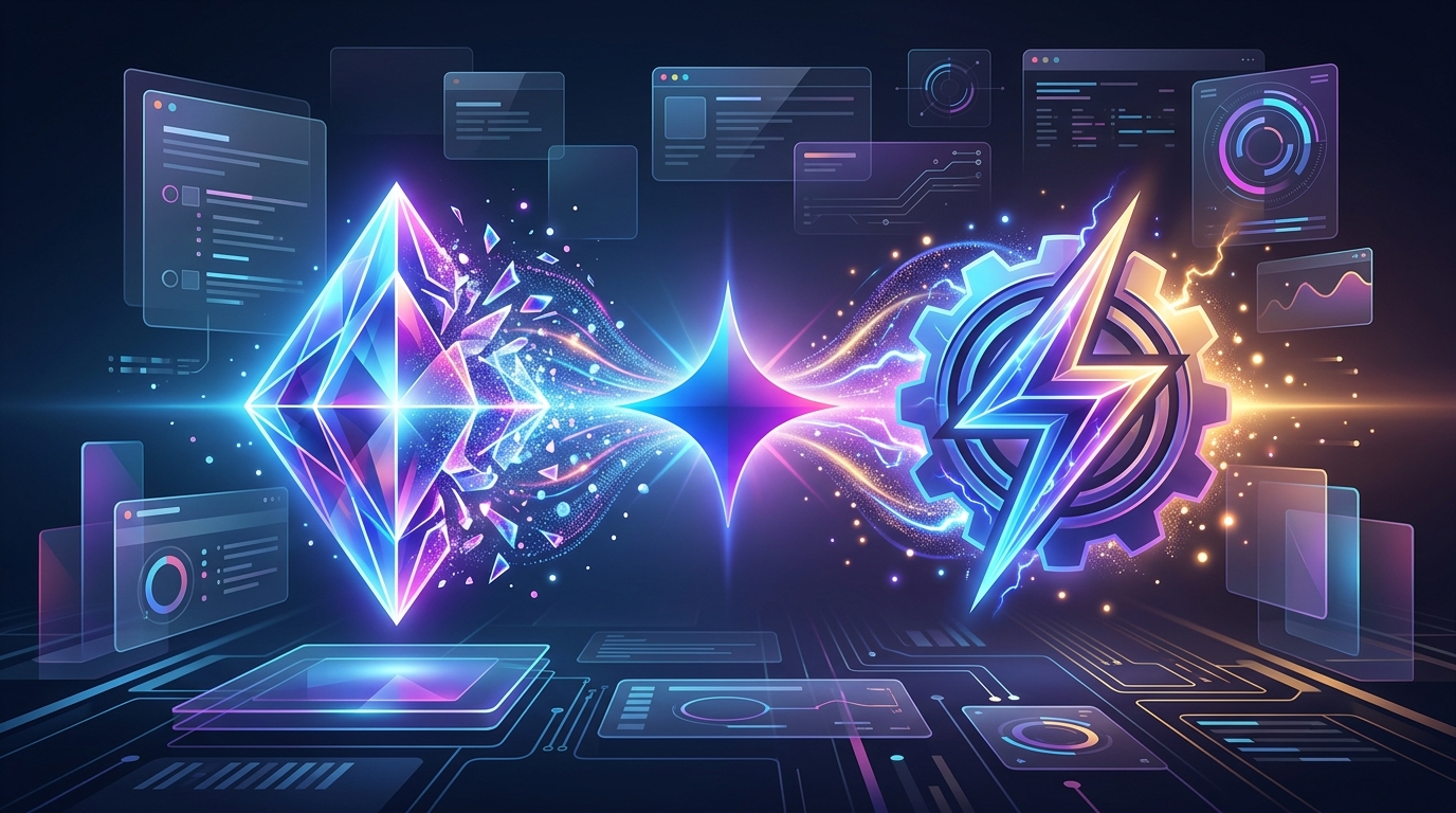 Ilustração editorial mostrando a transição dos Gems do Google Gemini para o novo recurso Skills, com a estrela do Gemini ao centro conectando os dois ícones
