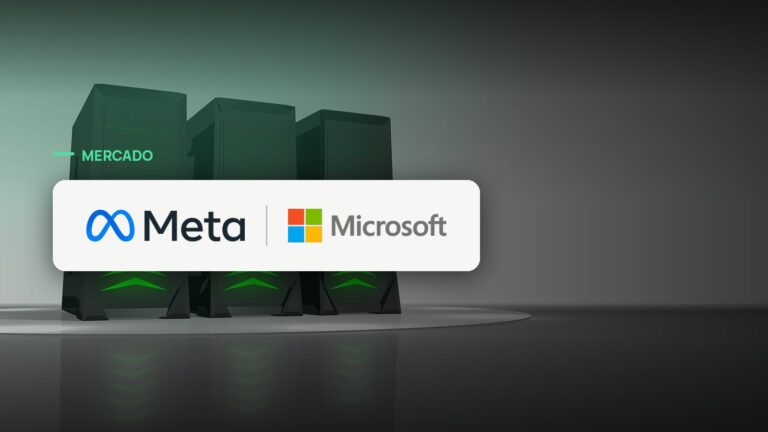 Logo oficial das marcas Meta e Microsoft sobre foto de data center e infraestrutura, capa da notícia: Meta vira um dos maiores clientes de IA da Microsoft Azure, mesmo competindo com ela