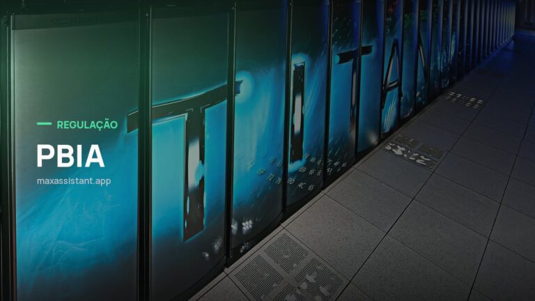 Capa editorial Max IA Assistant com o tema PBIA sobre foto de data center e infraestrutura, notícia: Governo federal detalha novo pacote do PBIA: dois supercomputadores, parceria com a China e Nuvem Brasileira
