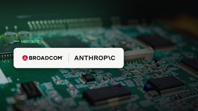 Logo oficial das marcas Broadcom e Anthropic sobre foto de chips e semicondutores, capa da notícia: Broadcom busca mais de US$ 60 bilhões em dívida para financiar chips de IA que abastecem a Anthropic