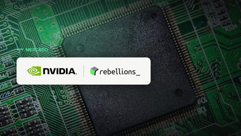 Logo oficial das marcas Nvidia e Rebellions sobre foto de chips e semicondutores, capa da notícia: Nvidia negocia parceria ou aquisição da startup coreana de chips de IA Rebellions