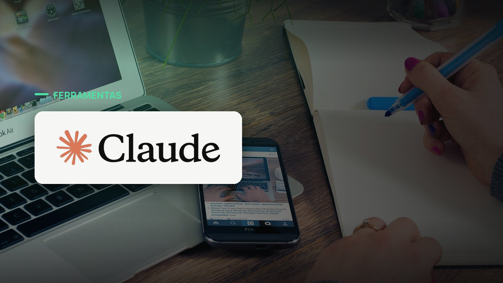 Logo oficial da Claude sobre foto de apps e dispositivos, capa da notícia: Claude Cowork chega ao painel lateral do Chrome e leva sessões completas para o navegador