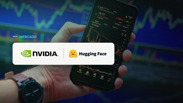 Logo oficial das marcas Nvidia e Hugging Face sobre foto de mercado financeiro, capa da notícia: Nvidia negocia compra da Hugging Face por US$ 12,9 bilhões, maior aquisição de sua história