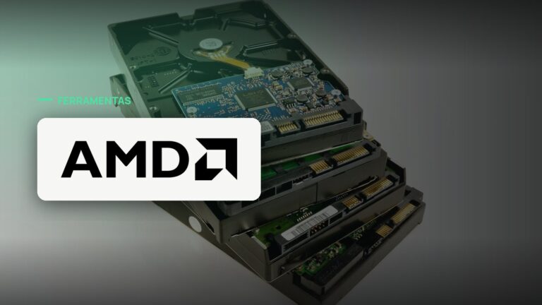 Logo oficial da AMD sobre foto de chips e semicondutores, capa da notícia: AMD lança ROCm 10 com kit de IA nativo ROCm.AI