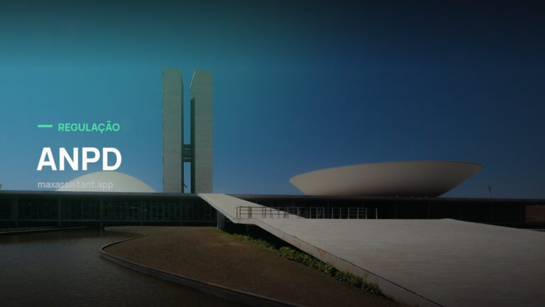 Capa editorial Max IA Assistant com o tema ANPD sobre foto de regulação e governo, notícia: ANPD monta centro próprio de inteligência artificial e abre consulta pública para a agenda 2027-2028
