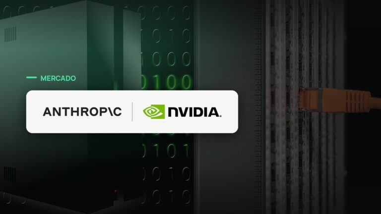 Logo oficial das marcas Anthropic e Nvidia sobre foto de data center e infraestrutura, capa da notícia: Anthropic fecha US$ 35 bilhões com a Lambda, ligada à Nvidia, por capacidade de computação