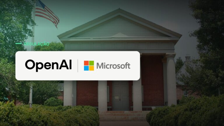 Logo oficial das marcas OpenAI e Microsoft sobre foto de regulação e governo, capa da notícia: DOJ dos EUA apoia OpenAI e Microsoft em disputa de direitos autorais com o New York Times