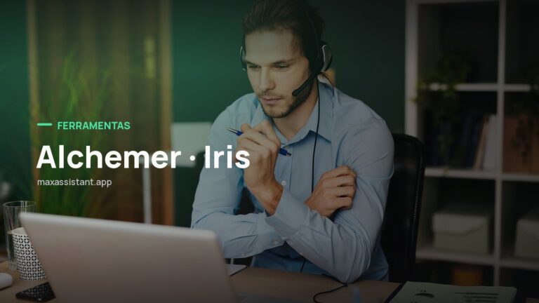 Capa editorial Max IA Assistant com o tema Alchemer · Iris sobre foto de ambiente de trabalho, notícia: Alchemer lança Iris, plataforma de experiência do cliente nativa em IA
