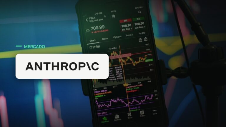 Logo oficial da Anthropic sobre foto de mercado financeiro, capa da notícia: Anthropic empurra IPO de US$ 2 trilhões para meados de outubro