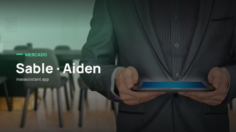 Capa editorial Max IA Assistant com o tema Sable · Aiden sobre foto de mercado financeiro, notícia: Sable capta US$ 45 milhões pra construir o Aiden, uma “funcionária de IA” que conduz demonstrações de vendas sozinha