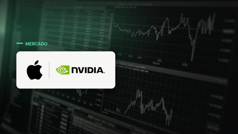 Logo oficial das marcas Apple e Nvidia sobre foto de mercado financeiro, capa da notícia: Apple ultrapassa a Nvidia e é, por horas, a empresa mais valiosa do mundo