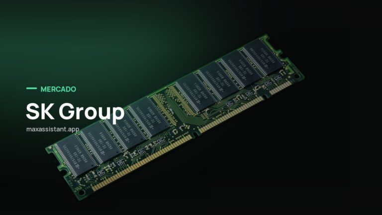Capa editorial Max IA Assistant com o tema SK Group sobre foto de chips e semicondutores, notícia: Chefe da SK Group diz que escassez de memória de IA virou caso de segurança econômica