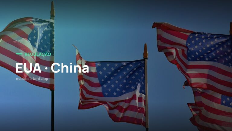 Capa editorial Max IA Assistant com o tema EUA · China sobre foto de regulação e governo, notícia: EUA e China vão discutir governança de IA de fronteira em setembro, às vésperas da visita de Xi