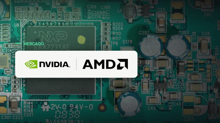 Logo oficial das marcas Nvidia e AMD sobre foto de chips e semicondutores, capa da notícia: Nvidia detalha o CPU Vera e a AMD abre a Advancing AI 2026: a guerra dos chips de IA sobe mais um degrau
