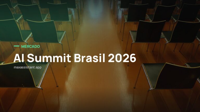 Capa editorial Max IA Assistant com o tema AI Summit Brasil 2026 sobre foto de mercado corporativo, notícia: AI Summit Brasil 2026 abre hoje no IPT, em São Paulo, com foco em adoção real de IA nas empresas