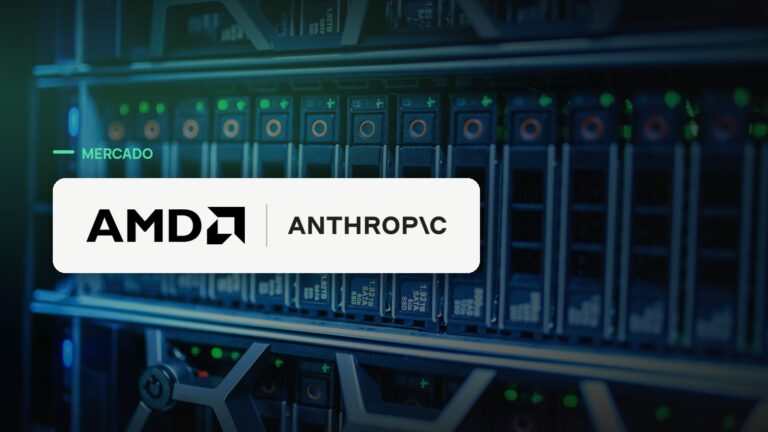 Logo oficial das marcas AMD e Anthropic sobre foto de data center e infraestrutura, capa da notícia: AMD investe até US$ 5 bilhões na Anthropic em aposta estratégica de infraestrutura de IA