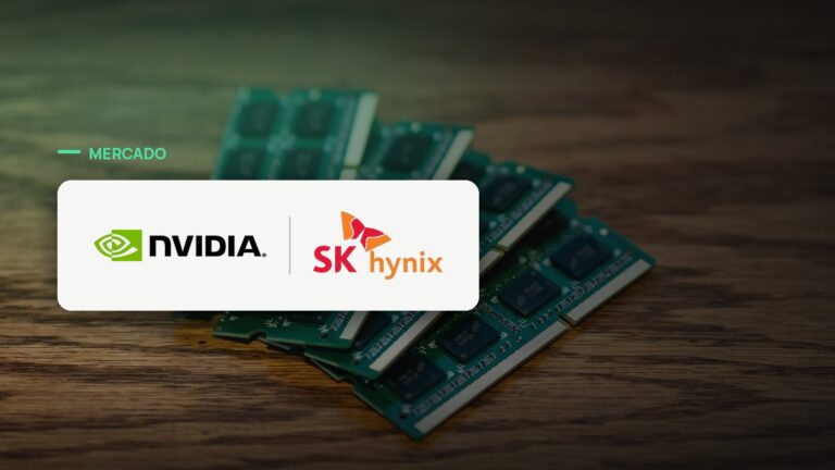 Logo oficial das marcas Nvidia e SK hynix sobre foto de chips e semicondutores, capa da notícia: Nvidia e SK Hynix fecham acordo de US$ 500 bilhões para travar fornecimento de memória de IA