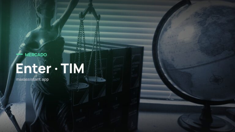 Capa editorial Max IA Assistant com o tema Enter · TIM sobre foto de mercado financeiro, notícia: Fundo ligado à TIM investe na Enter, unicórnio brasileiro de IA jurídica