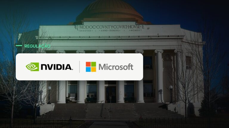 Logo oficial das marcas Nvidia e Microsoft sobre foto de regulação e governo, capa da notícia: Nvidia, Microsoft e mais 23 empresas pedem aos EUA que não restrinjam modelos abertos de IA