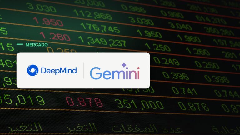 Logo oficial das marcas Google DeepMind e Gemini sobre foto de mercado financeiro, capa da notícia: Google DeepMind desmonta o time do AlphaFold, vencedor do Nobel, para focar no Gemini