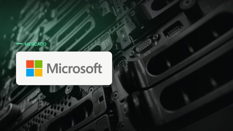 Logo oficial da Microsoft sobre foto de data center e infraestrutura, capa da notícia: Microsoft unifica Copilot num só app e Azure ultrapassa US$100 bilhões em receita trimestral