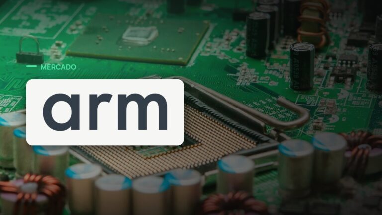 Logo oficial da Arm sobre foto de chips e semicondutores, capa da notícia: Arm Holdings bate previsões com demanda de chips de IA, mas alerta sobre mercado mobile