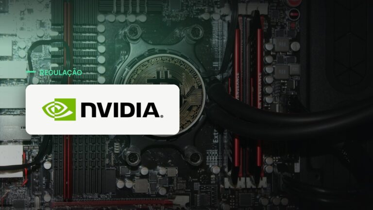Logo oficial da Nvidia sobre foto de chips e semicondutores, capa da notícia: BIS dos EUA revisa brechas legais no acesso da China a chips da Nvidia