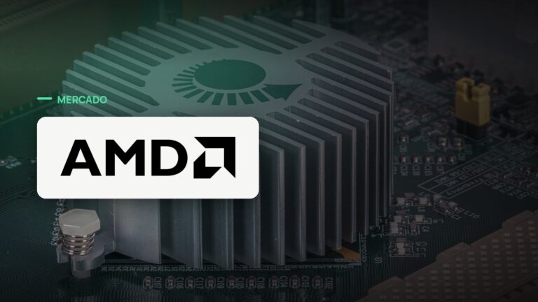 Logo oficial da AMD sobre foto de chips e semicondutores, capa da notícia: AMD fecha acordo para comprar a Taalas, startup de chips de IA hardwired