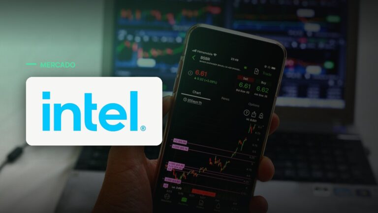 Logo oficial da Intel sobre foto de mercado financeiro, capa da notícia: Intel anuncia oferta de US$15 bilhões em ações, a primeira desde 1971
