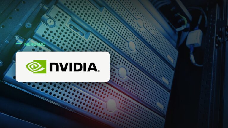 Logo oficial da Nvidia sobre foto de data center e infraestrutura, capa da notícia: Nvidia fecha parceria de US$500 bilhões com Wall Street para financiar infraestrutura de IA