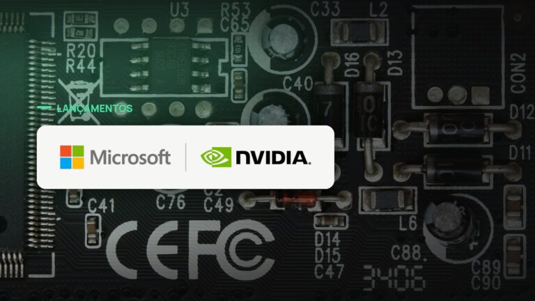 Logo oficial das marcas Microsoft e Nvidia sobre foto de chips e semicondutores, capa da notícia: Microsoft prepara lançamento do chip de IA Maia 300 para o outono, mirando menos dependência da Nvidia