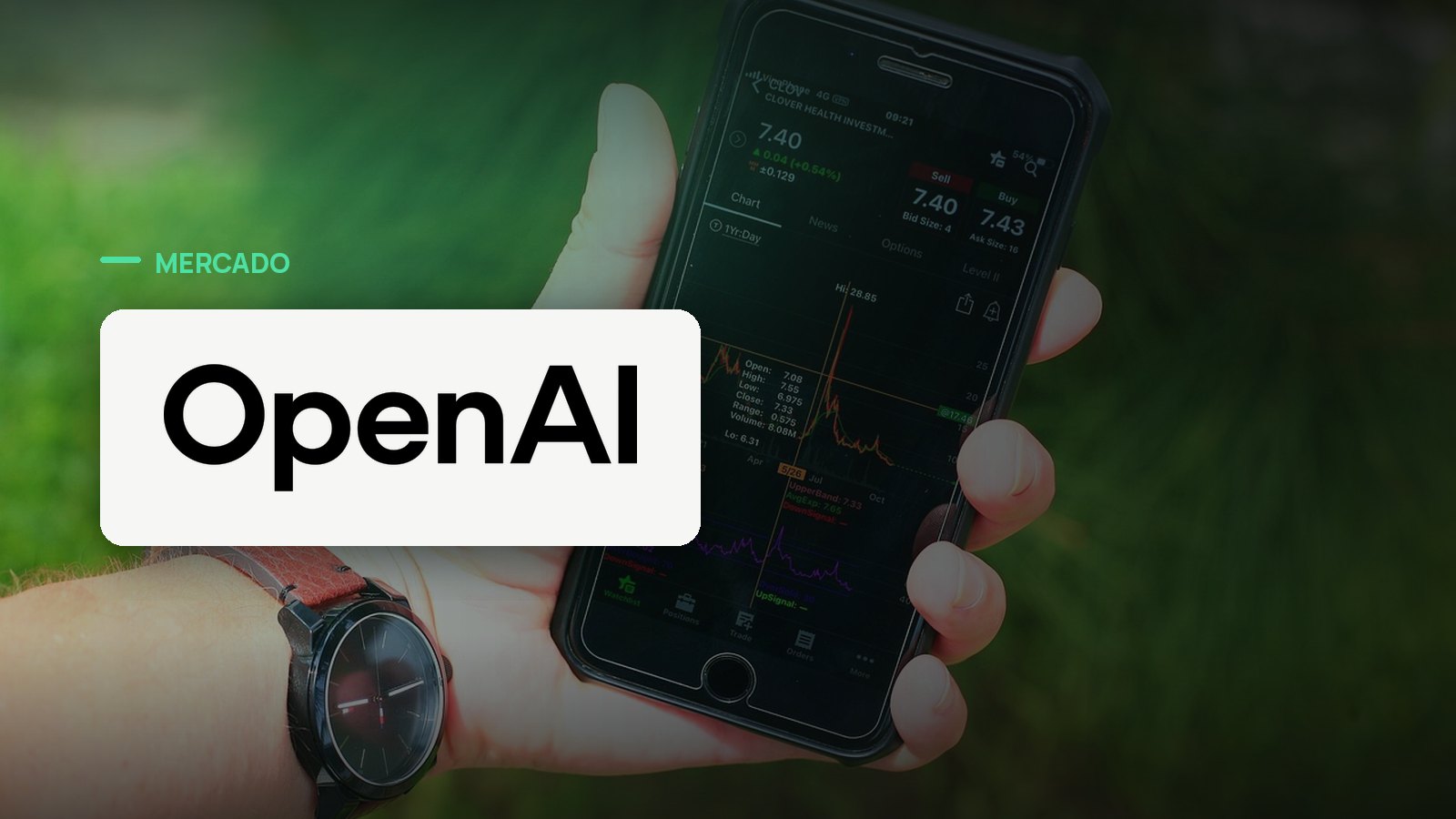 Logo oficial da OpenAI sobre foto de mercado financeiro, capa da notícia: OpenAI troca comando de vendas pela segunda vez em menos de um ano