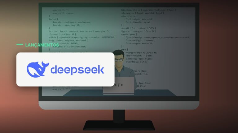 Logo oficial da DeepSeek sobre foto de código e desenvolvimento, capa da notícia: DeepSeek tira o V4 Pro da fase de testes e mira agentes de IA