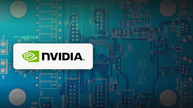 Logo oficial da Nvidia sobre foto de chips e semicondutores, capa da notícia: Nvidia acelera desenvolvimento do chip Feynman mesmo com Vera Rubin ainda em ramp-up