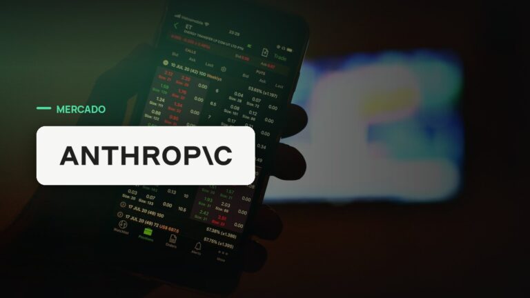 Logo oficial da Anthropic sobre foto de mercado financeiro, capa da notícia: Anthropic mira IPO recorde de US$ 2 trilhões em outubro de 2026, segundo investidores