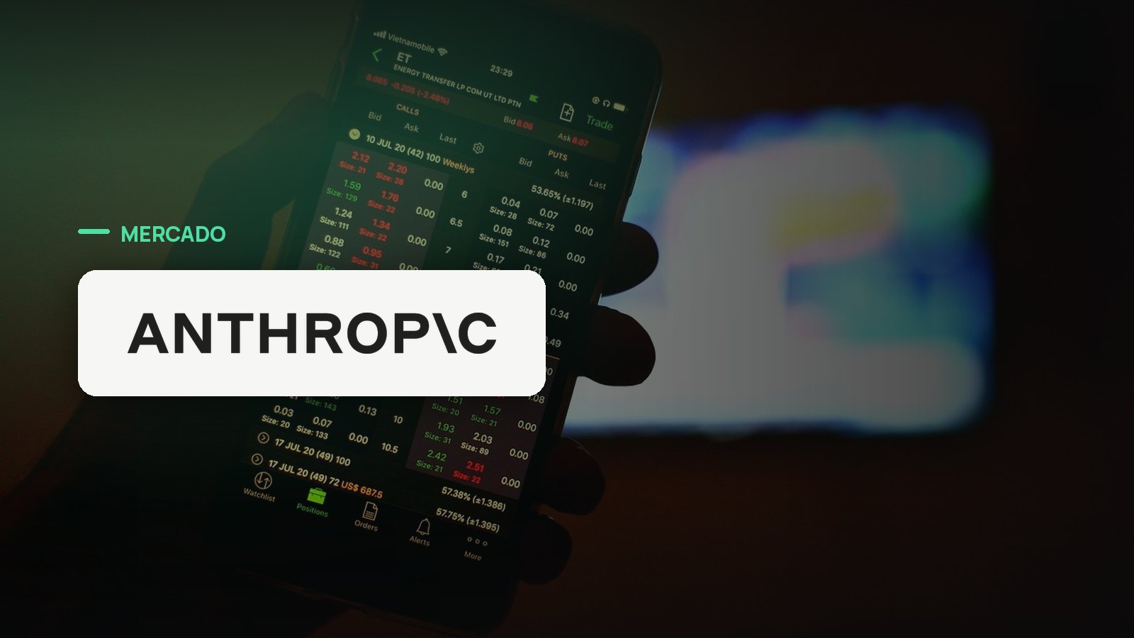 Logo oficial da Anthropic sobre foto de mercado financeiro, capa da notícia: Anthropic mira IPO recorde de US$ 2 trilhões em outubro de 2026, segundo investidores