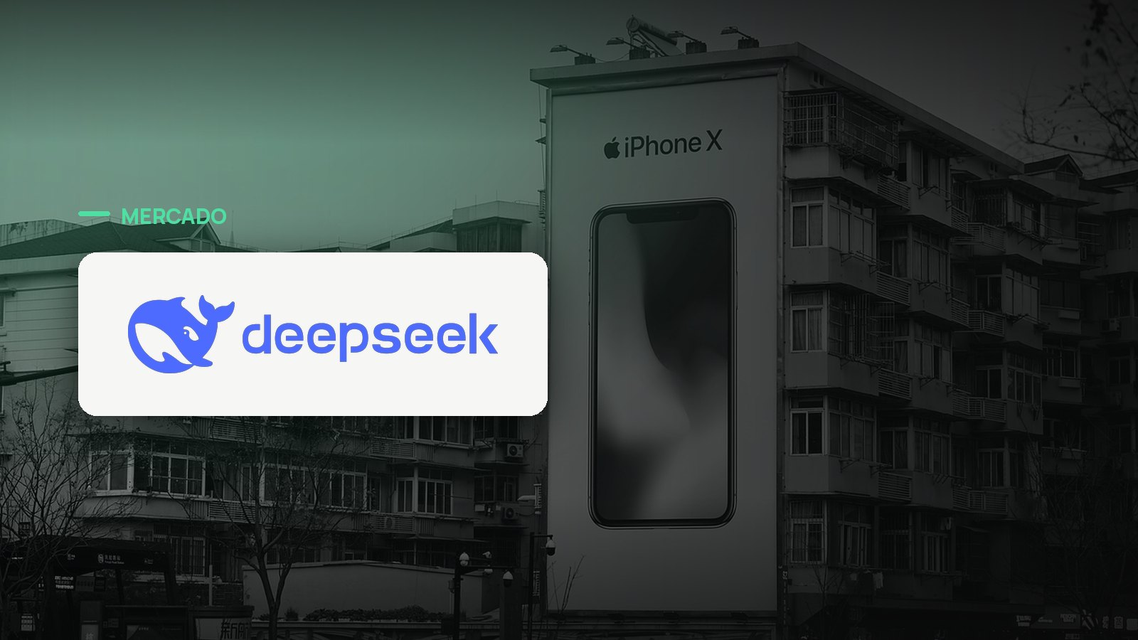 Logo oficial da DeepSeek sobre foto de publicidade e preços, capa da notícia: DeepSeek aumenta preços da API V4 em até 1.100%