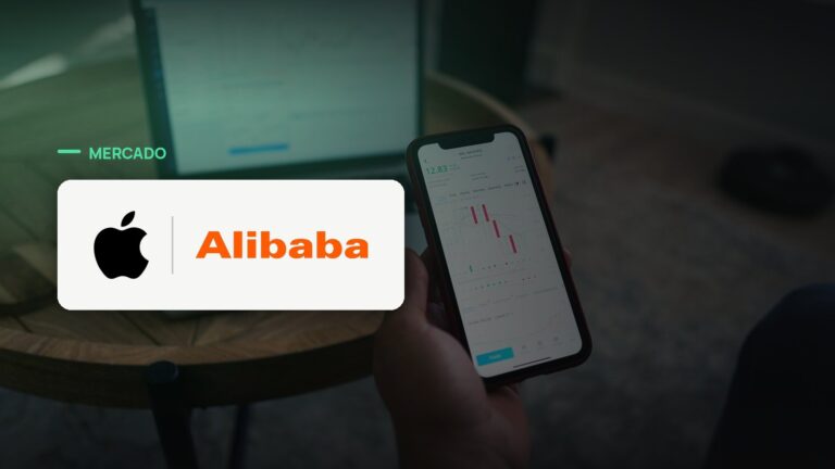 Logo oficial das marcas Apple e Alibaba sobre foto de mercado financeiro, capa da notícia: Apple cria modelo de IA proprietário para a China com apoio da Alibaba