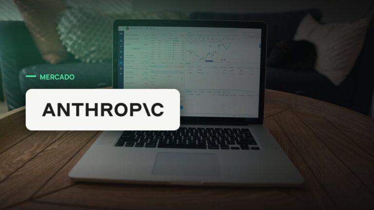 Logo oficial da Anthropic sobre foto de mercado financeiro, capa da notícia: Anthropic registra primeiro lucro operacional trimestral da história, com receita acima de US$ 11,5 bilhões