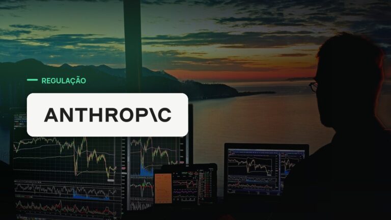 Logo oficial da Anthropic sobre foto de mercado financeiro, capa da notícia: CEO da Anthropic chama reação contra a IA de crise de confiança e destina US$ 200 milhões a estudar impacto social