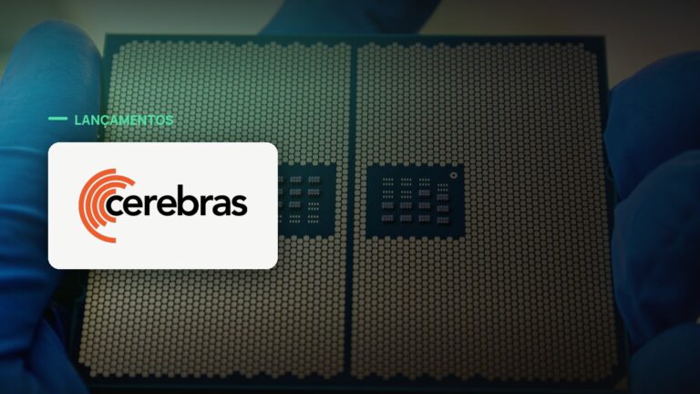 Logo oficial da Cerebras sobre foto de chips e semicondutores, capa da notícia: Cerebras lança CS-4, sistema que promete até 30 vezes mais velocidade de inferência que GPUs