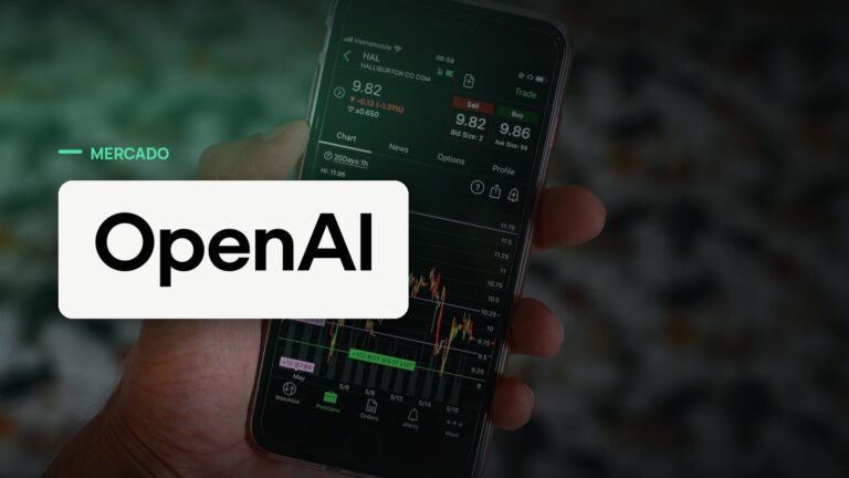 Logo oficial da OpenAI sobre foto de mercado financeiro, capa da notícia: OpenAI diz que abrirá capital em 2027, com receita anualizada de US$ 40 bilhões