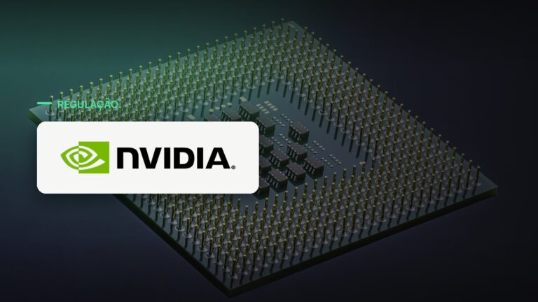 Logo oficial da Nvidia sobre foto de chips e semicondutores, capa da notícia: China contorna proibição de chips da Nvidia alugando poder de computação no Sudeste Asiático